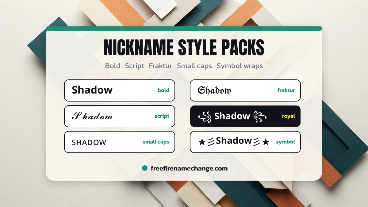 Free Fire nickname style packs bold script fraktur small caps symbol