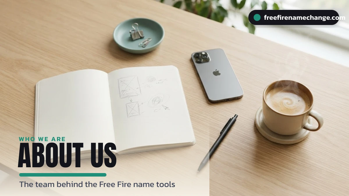 About the FreeFireNameChange editorial team workspace with notebook and phone